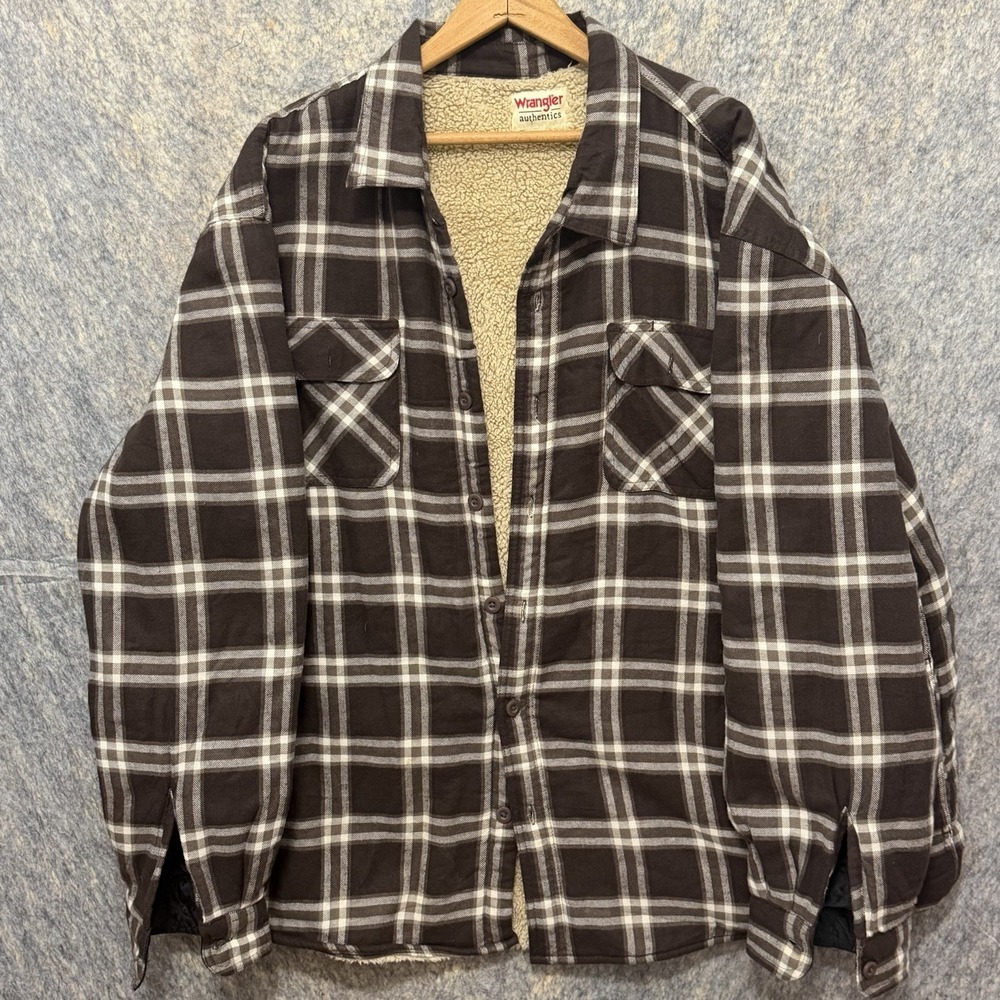 Wrangler Authentics Sherpa Lined Flannel Shirt Jacket Mens 3XL Brown Plaid